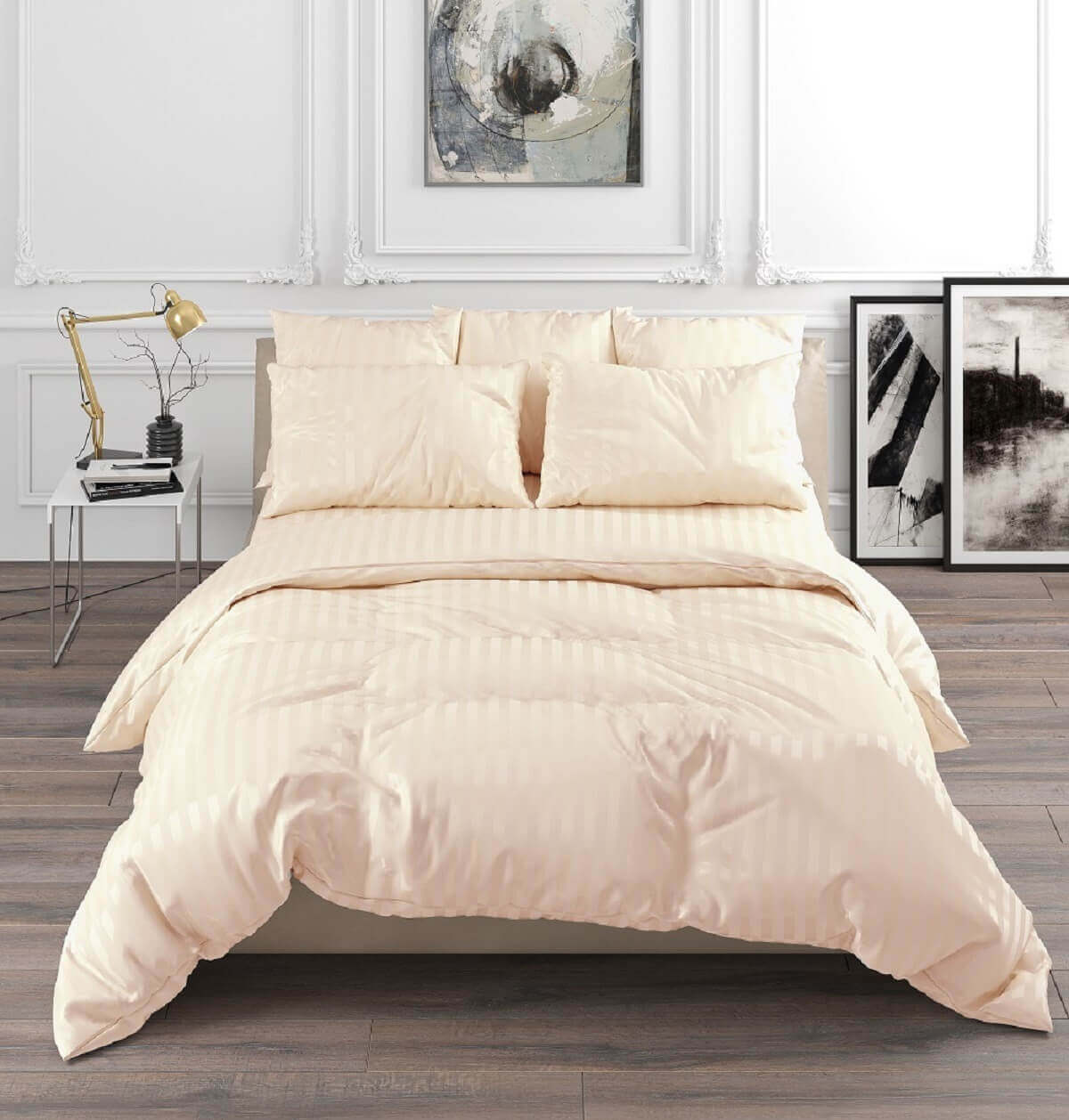 Постельное белье страйп сатин - светло бежевый 2 сп.